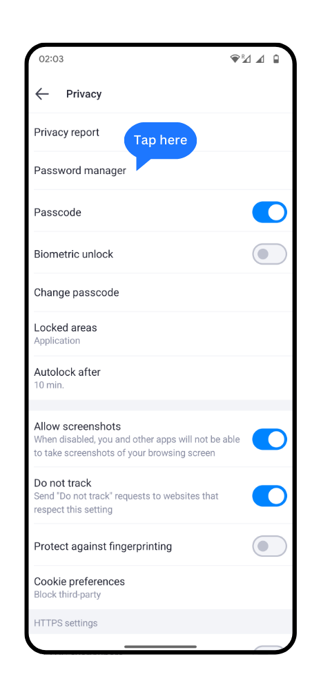 Privacy Settings section in Aloha Browser