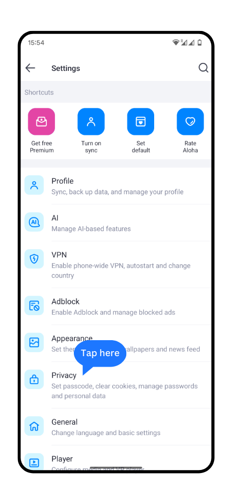 Settings section in Aloha Browser